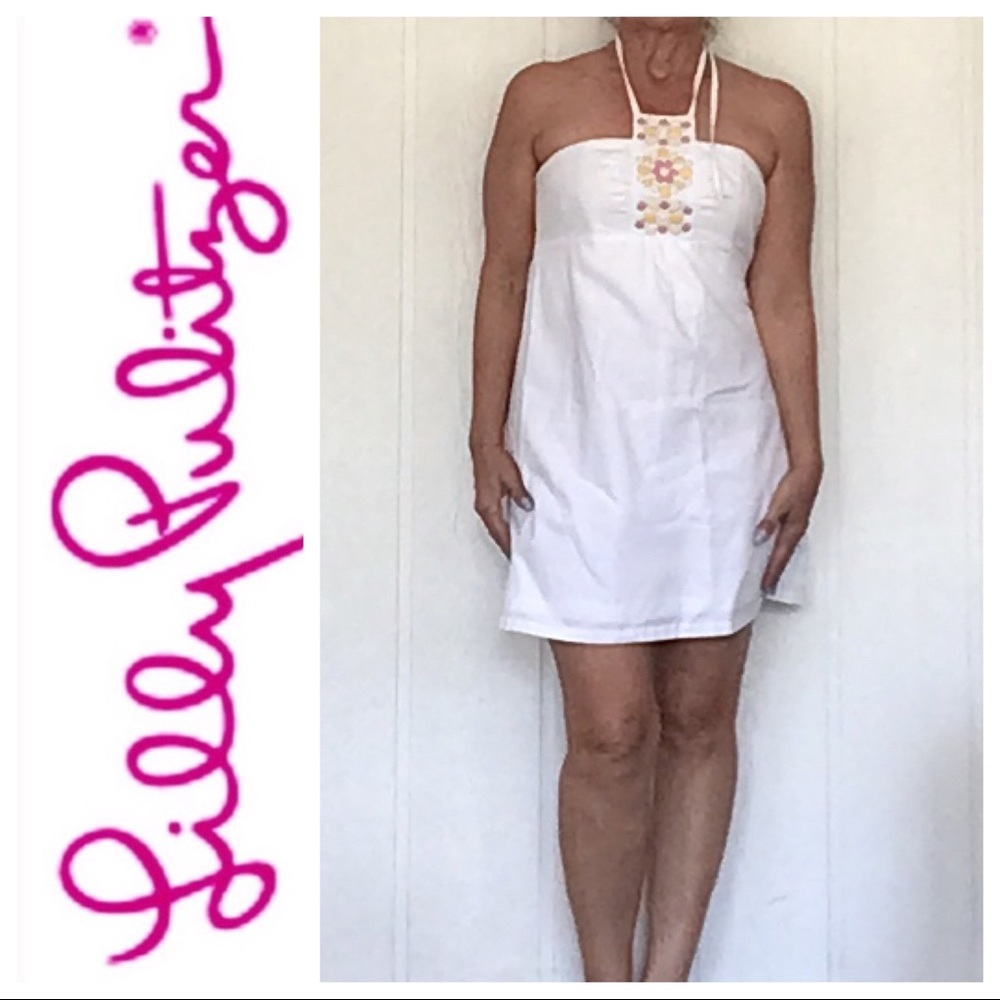 LILLY PULITZER WHITE COTTON EMBELLISHED HALTER DRESS SIZE 8 - Picture 2 of 16